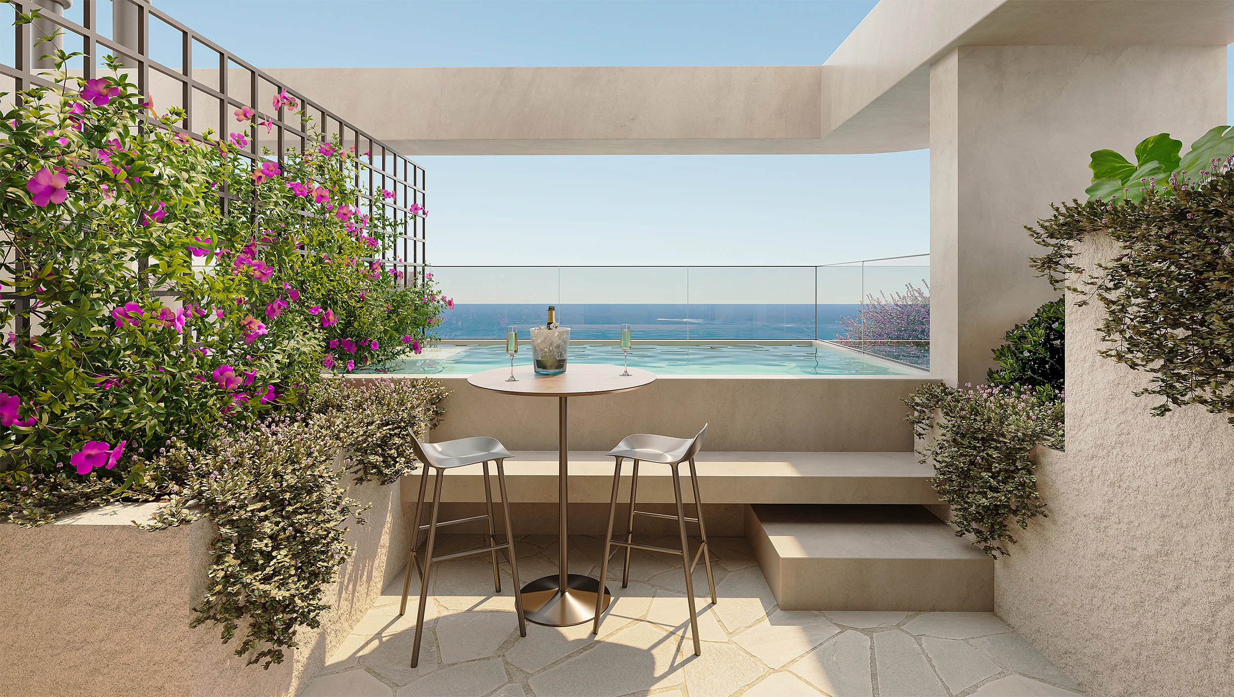 Rooftop com piscina externa e vista para o mar